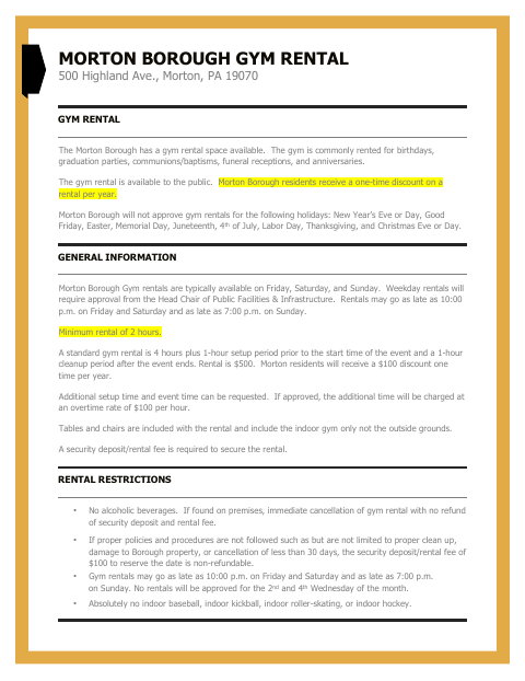 First page of the Gym Rental Application