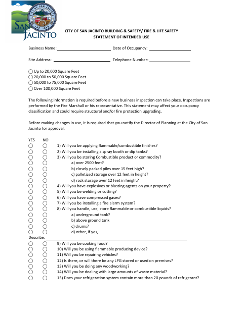First page of the Statement of Intended Use