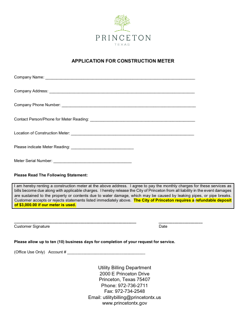 First page of the Application for Construction Meter