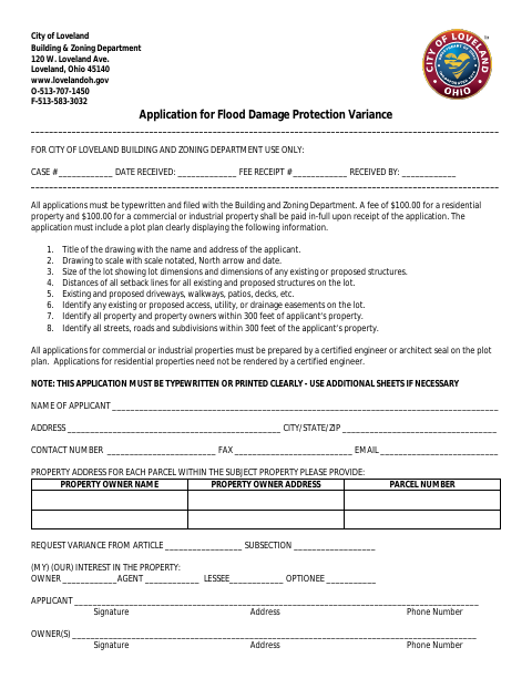 First page of the Flood Damage Protection Variance Application