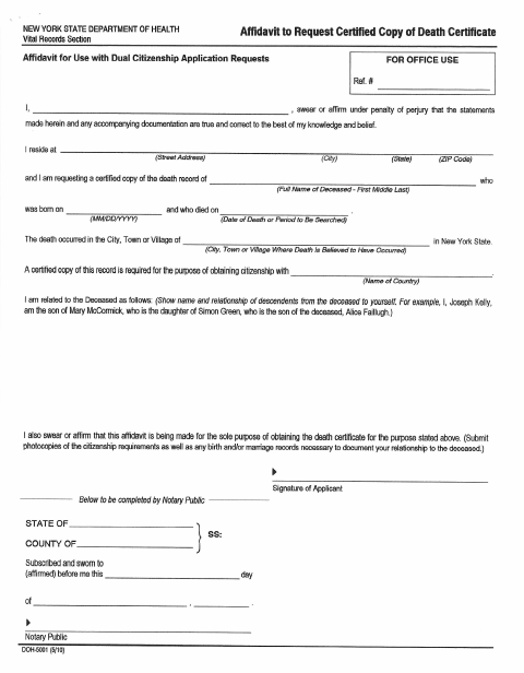 First page of the Dual Citizenship Death Certificate Affidavit
