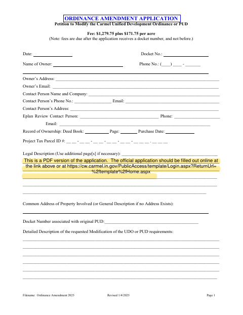 First page of the Ordinance Amendment Application