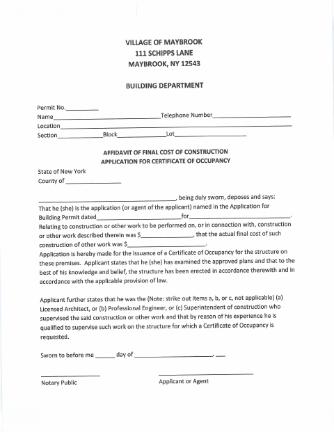 First page of the Final Cost of Construction Affidavit for Certificate of Occupancy