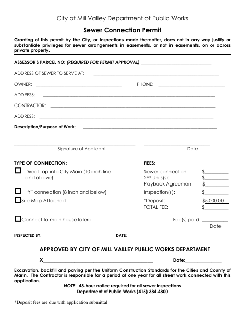 First page of the Sewer Connection Permit Application