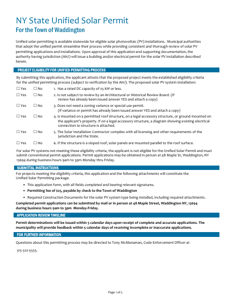 First page of the Unified Solar Permit