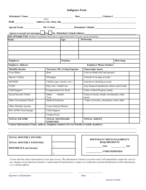 First page of the Indigence Form