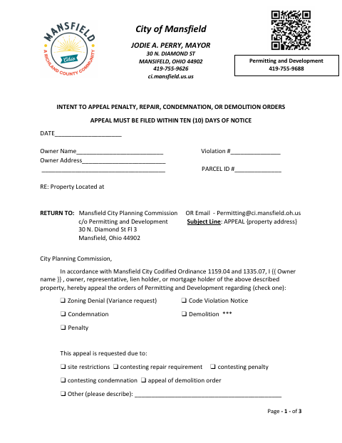 First page of the Intent to Appeal Penalty, Repair, Condemnation, or Demolition Orders