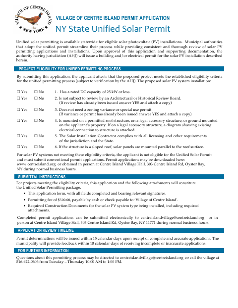 First page of the NY State Unified Solar Permit