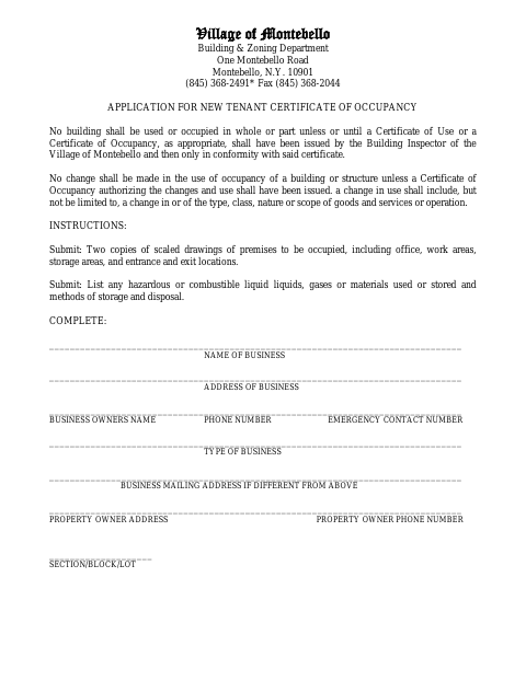 First page of the New Tenant Certificate of Occupancy Application