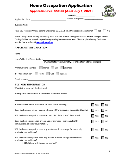 First page of the Home Occupation Application