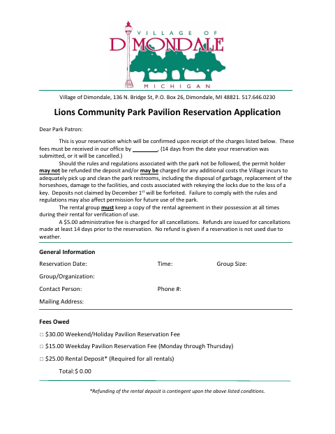 First page of the Lions Community Park Pavilion Reservation Application