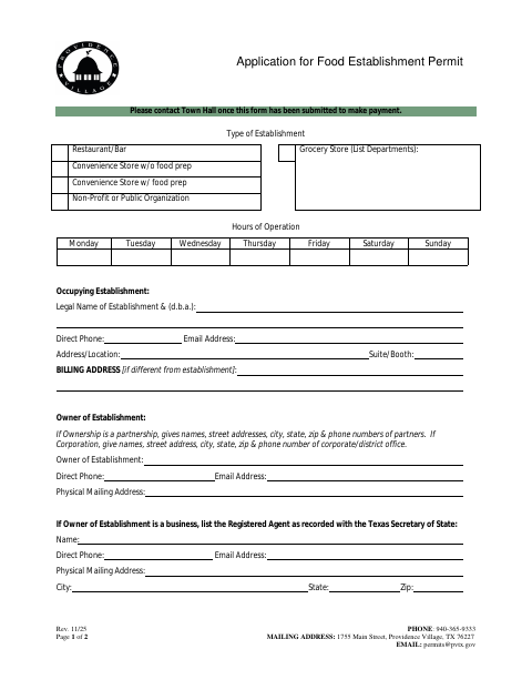 First page of the Application for Food Establishment Permit