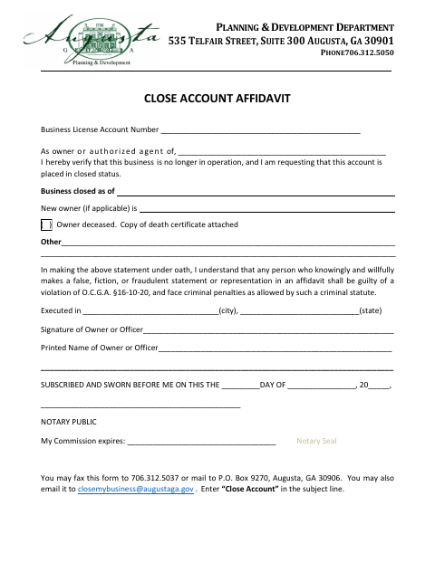 First page of the Close Account Affidavit