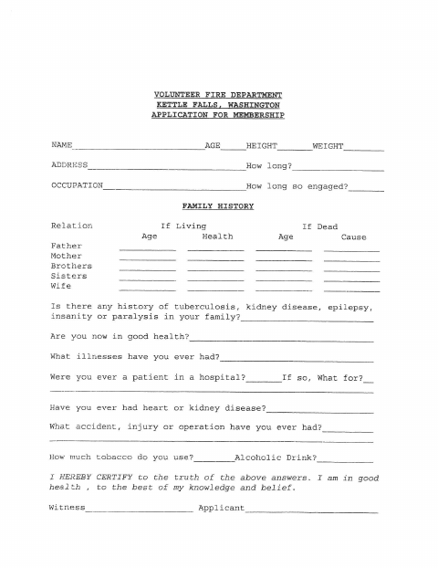 First page of the Volunteer Firefighter Application