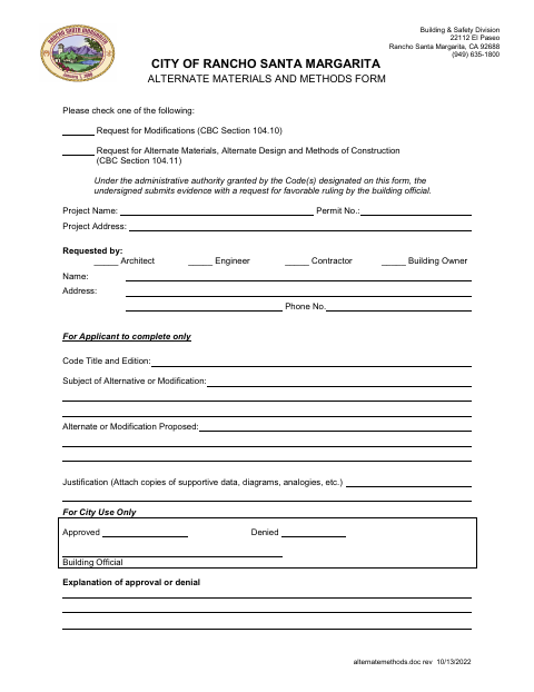 First page of the Alternate Materials and Methods Form