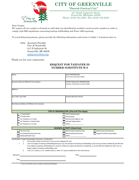 First page of the Request for Taxpayer ID Number Substitute W-9