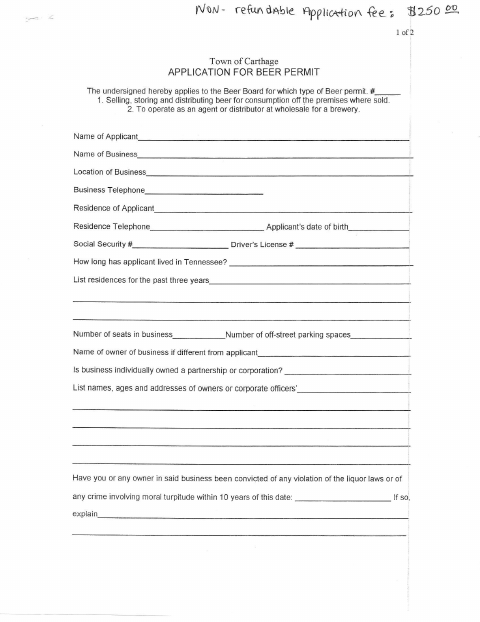 First page of the Application for Beer Permit