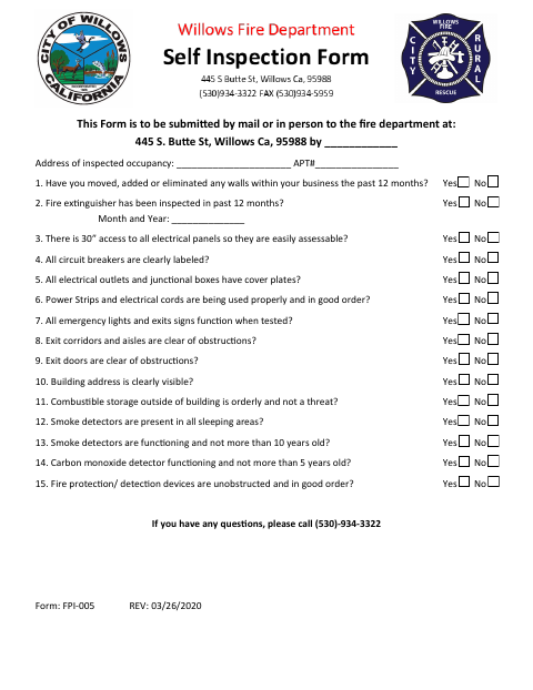 First page of the Residential Fire Safety Self-Inspection Form