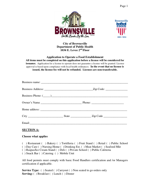 First page of the Application to Operate a Food Establishment