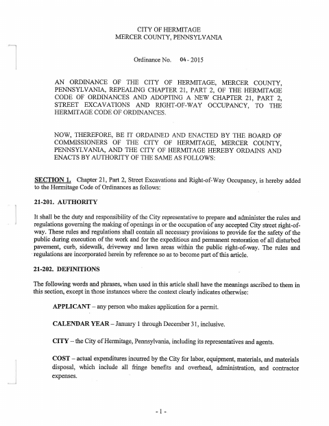 First page of the Street Excavation and Right-of-Way Occupancy Permit Application