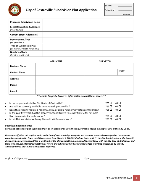 First page of the Subdivision Plat Application