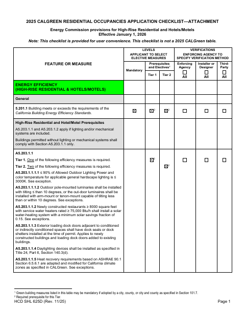 First page of the 2025 CALGreen Residential Occupancies Application Checklist—Attachment