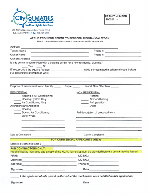 First page of the Mechanical Permit Application