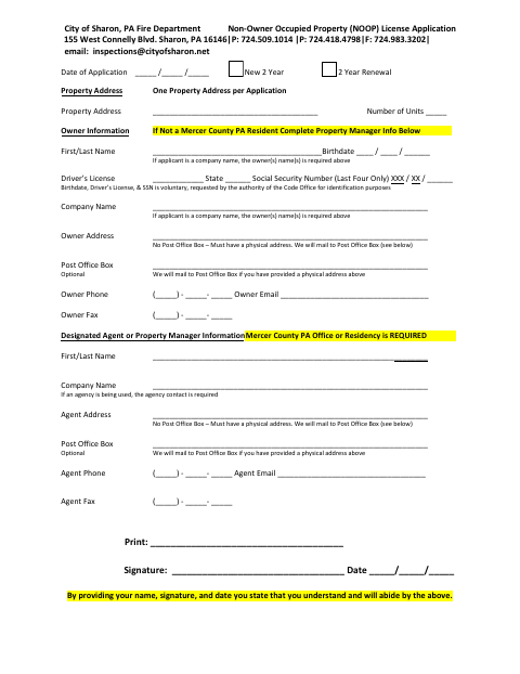 First page of the Non-Owner Occupied Property (NOOP) License Application