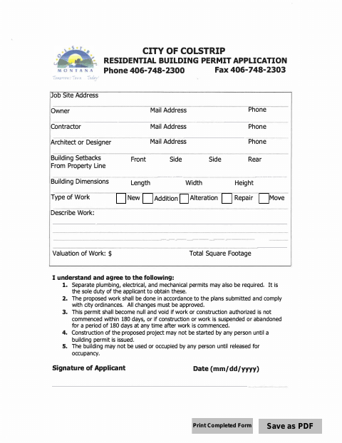 First page of the Residential Building Permit Application