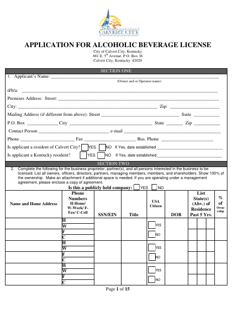First page of the Alcoholic Beverage License Application