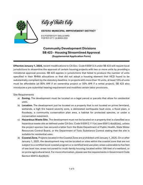 First page of the SB 423 Housing Streamlined Approval Supplemental Application Form