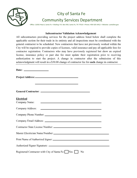 First page of the Subcontractor Validation Acknowledgement
