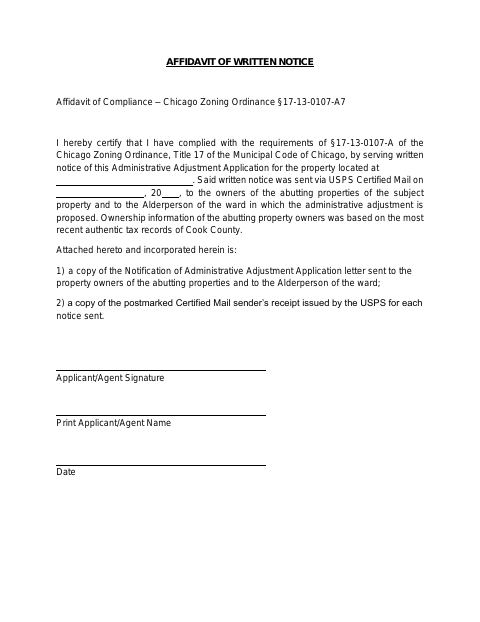 First page of the Affidavit of Written Notice