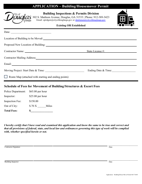 First page of the Building/Housemover Permit Application