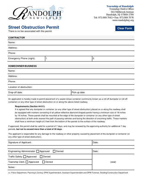 First page of the Street Obstruction Permit Application