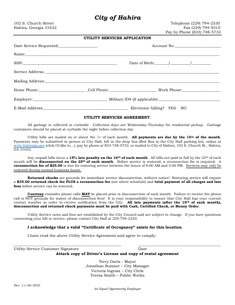 First page of the Utility Services Application