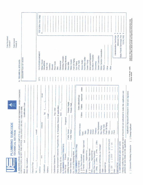 First page of the Plumbing Sub Code Application