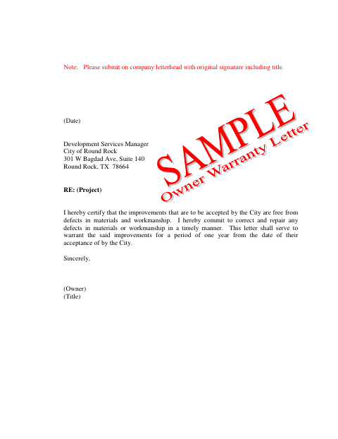 First page of the Warranty Letter – Owner