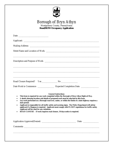 First page of the Road/ROW Occupancy Application