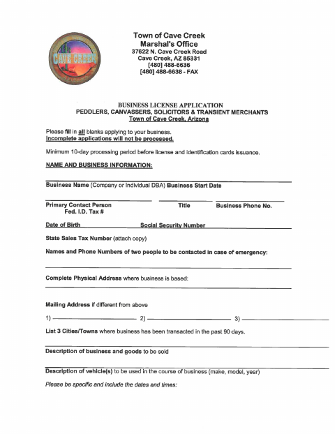 First page of the Peddler, Canvasser, Solicitor and Transient Merchant Business License Application