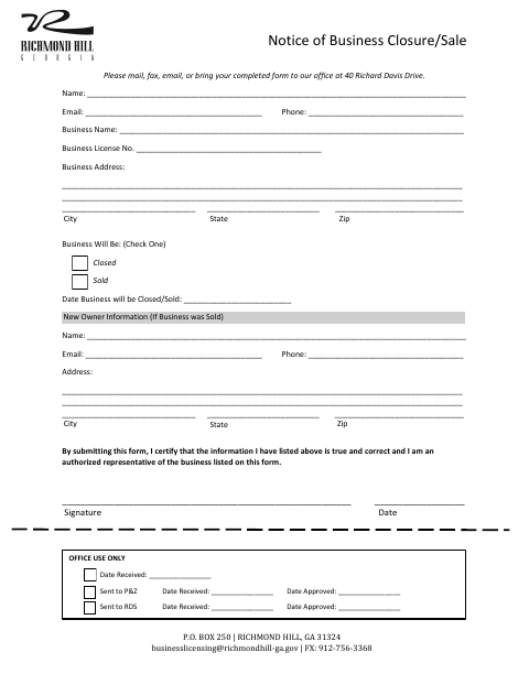 First page of the Notice of Business Closure or Sale