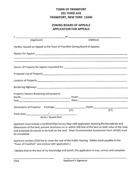 First page of the Zoning Board of Appeals Application for Appeals