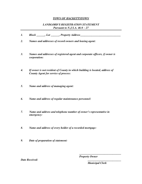 First page of the Landlord’s Registration Statement