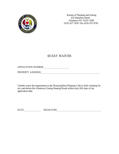 First page of the 60 Day Waiver Application for Zoning Hearing Board