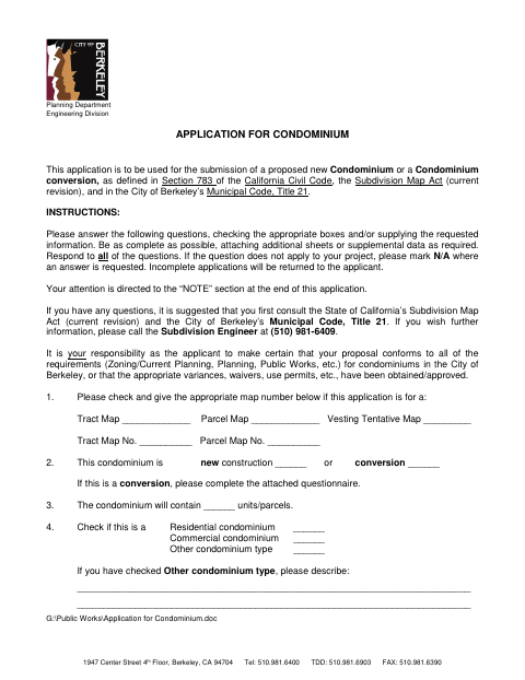 First page of the Application for Condominium