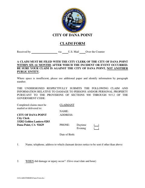 First page of the Claim Form