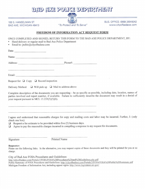 First page of the Freedom of Information Act Request Form