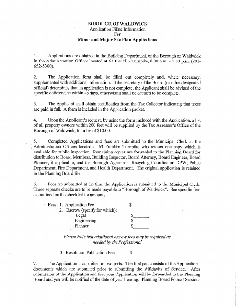 First page of the Minor and Major Site Plan Application
