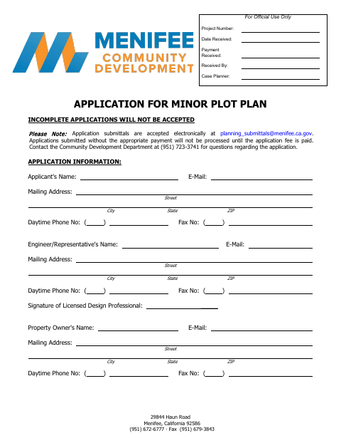 First page of the Minor Plot Plan Application