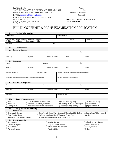 First page of the Building Permit & Plans Examination Application